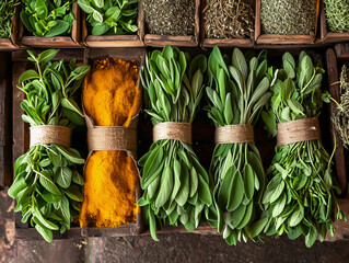 An overhead shot of a spice market stall featuring bundles of fresh sage leaves and dried sage bundles