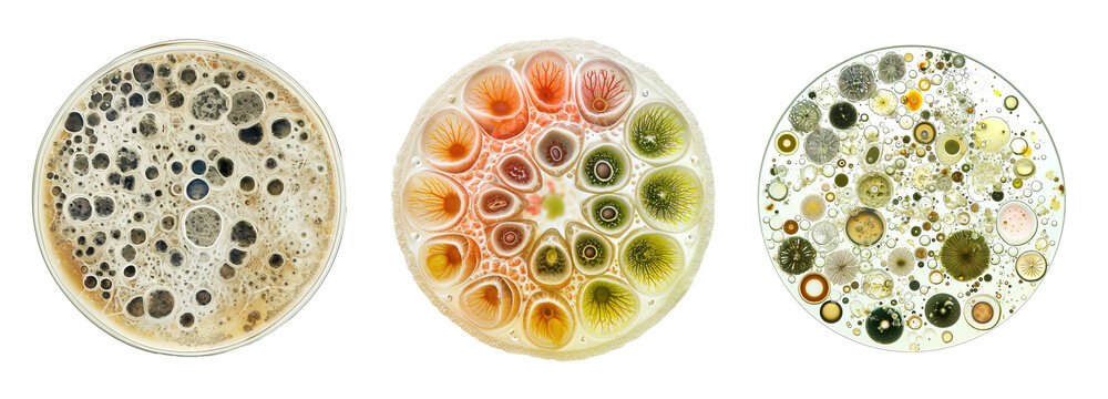 Microscopic mold and yeast under microscopic view collage over isolated transparent background