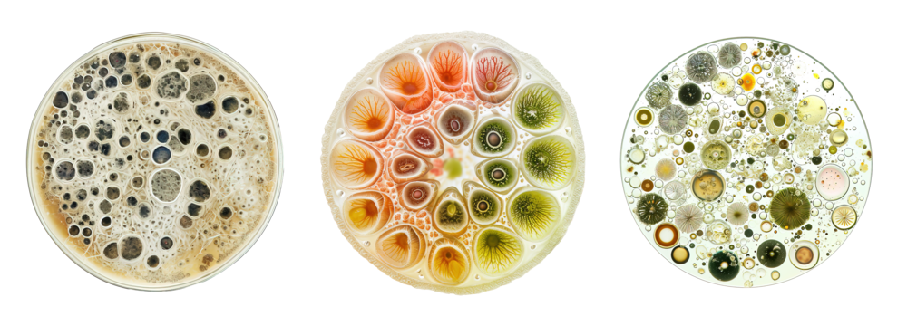 Microscopic mold and yeast under microscopic view collage over isolated transparent background