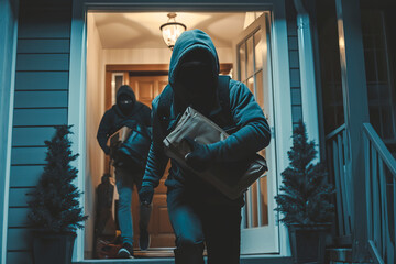 Residential burglary with masked thieves holding backpacks and boxes - obrazy, fototapety, plakaty