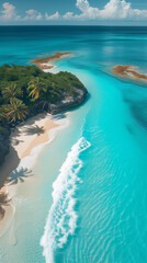 Fototapeta na wymiar a sand beach and palm trees, caustics, drone aerial view