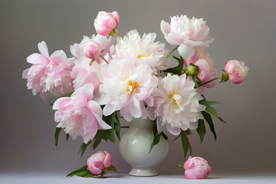 An arrangement of pink and white peonies in a vase. Generative AI