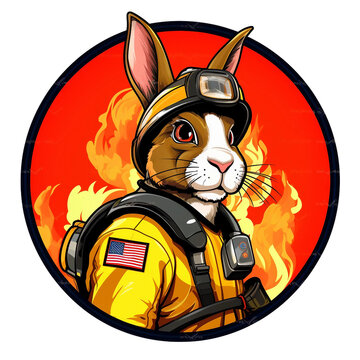 Hare firefighter style image, bright saturated image, clipart on white background