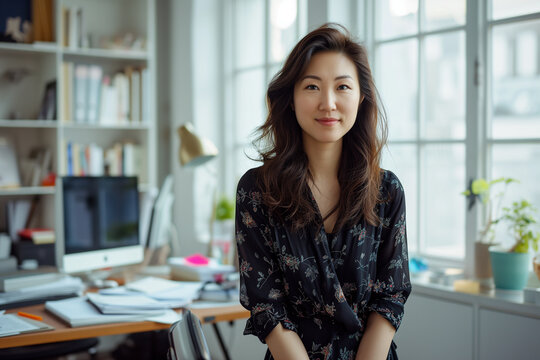 Casual portrait of a designer in her office standing by her desk, daylight coming through the window, corporate photography, Asian woman