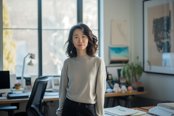 Casual portrait of a designer in her office standing by her desk, daylight coming through the window, corporate photography, Asian woman