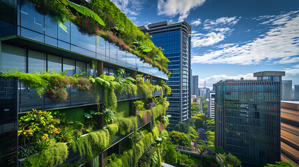 Exuberante vegetação verde caindo pelas laterais dos lustrosos arranha-céus de vidro cria um forte contraste entre o natural e o urbano
