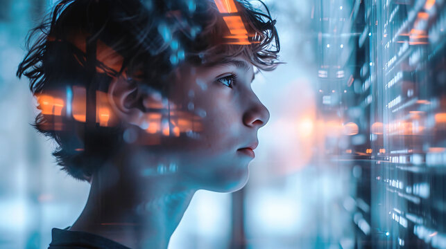Side view of young boy portrait with reflection of meta data and computer visualizer in his face. Technological concept