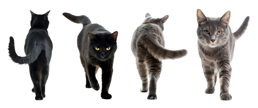 Set of black and gray cat posing in front and back view against isolated transparent background