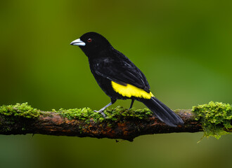 Male Lemon-rumped Tanager on mossy tree stick against green background