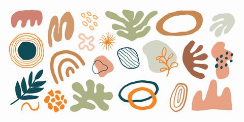 Modern hand drawn plant leaf and tropical shape decoration set. Pastel color doodle bundle for fashion design, summer season or natural concept.