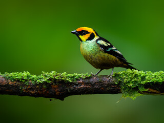 Flame-faced Tanager on mossy  stick against green background