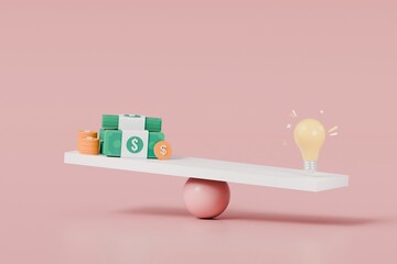Obraz premium 3D Scales compare icon concept. money vs bulb innovation idea. finance business investment education with coins banknote. minimal cartoon design.3D Rendering. Banner, a place for text, copy space.
