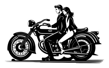 Man an girl on motorcycle, isolated against white background 