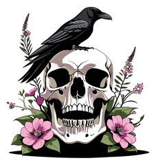 Gothic skull illustration with a crow and pink flowers, a contrast of life and death
