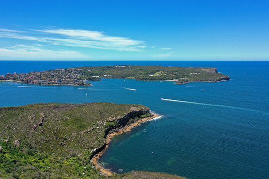 High angle aerial drone view of Dobroyd Head in the suburb of Balgowlah Heights, Sydney, New South Wales, Australia. Manly and North Head in the background.