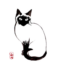 Sumi e ink Siamese Cat painting