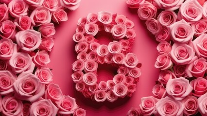 Number 8 made from pink roses on a pink background. Women's Day concept for March 8th.