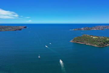 Fototapeta na wymiar High angle aerial drone view of Middle Head in the suburb of Mosman, Sydney, New South Wales, Australia. North Head and South Head in the background.