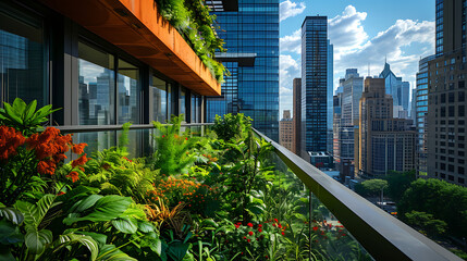 Vegetação exuberante cascata sobre a borda de um prédio moderno e elegante criando um vibrante contraste contra o pano de fundo de concreto - obrazy, fototapety, plakaty