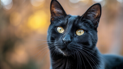 A close-up shot of a sleek black cat, showcasing the cat's piercing yellow eyes, velvety fur, and subtle play of light and shadow, creating a captivating and enigmatic portrait, Black cat in Ephesus