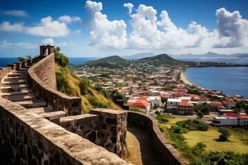 A scenic overlook of St. George's from a hilltop fortress in Grenada. Generative AI - obrazy, fototapety, plakaty