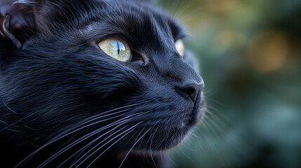 A close-up shot of a sleek black cat, showcasing the cat's piercing yellow eyes, velvety fur, and subtle play of light and shadow, creating a captivating and enigmatic portrait, Black cat in Ephesus