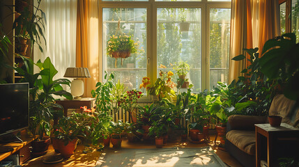 Vegetação exuberante preenche uma sala de estar ensolarada com flores coloridas e folhas verdes adicionando um toque vibrante ao espaço