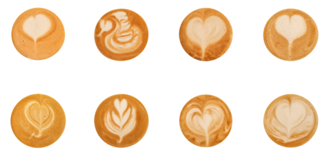 Top view of hot coffee latte art foam set isolated on white background