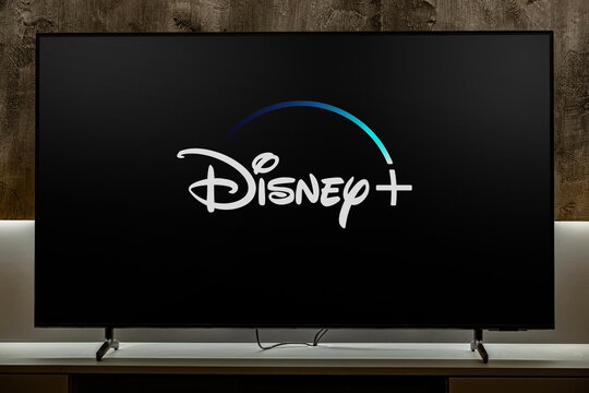 Flat-screen TV set displaying logo of Disney+