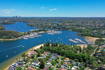 High angle aerial drone view of Spit Bridge, Clontarf Beach and Sandy Bay in the suburb of...