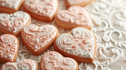 Glazed heart-shaped cookies with intricate icing designs, forming a beautiful arrangement on a lace doily generative ai - obrazy, fototapety, plakaty