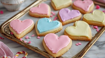 Heart-shaped sugar cookies with pastel-colored icing generative ai