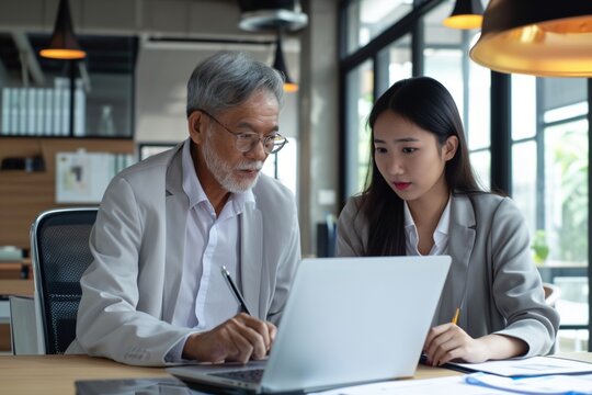 Mid aged Latin male manager mentor teaching young Asian female worker looking at laptop discussing corporate strategy in teamwork, working on computer in office at international team meeting