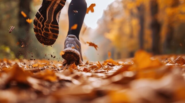shoes hitting a forest trail covered with fallen leaves generative ai