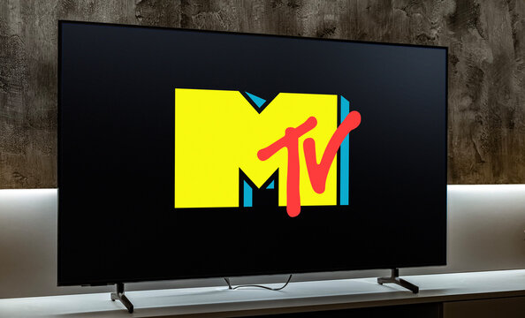Flat-screen TV set displaying logo of MTV
