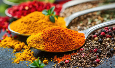 spices and herbs  in  spoons, chilli, paprika, and black paper  - obrazy, fototapety, plakaty