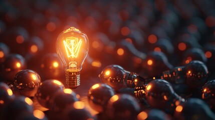 One of Lightbulb glowing among shutdown light bulb in dark area with copy space for creative thinking , problem solving solution and outstanding concept by 3d rendering technique photography - obrazy, fototapety, plakaty