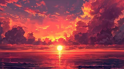 Zelfklevend Fotobehang sunset over the ocean, with hues of orange and pink blending in the sky, manga style generative ai © Kelly