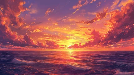 Gordijnen sunset over the ocean, with hues of orange and pink blending in the sky, manga style generative ai © Kelly