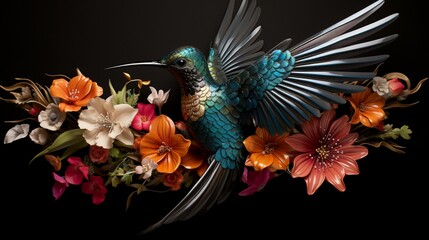 Obraz premium Graceful Hummingbird in Hover: Vibrant Floral Encounter - AI-Generative