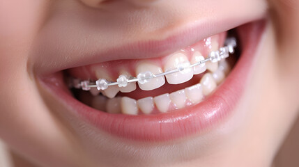 Close-up of a happy child's smile with healthy white teeth with metal braces on a white background. Children's dentistry concept - obrazy, fototapety, plakaty