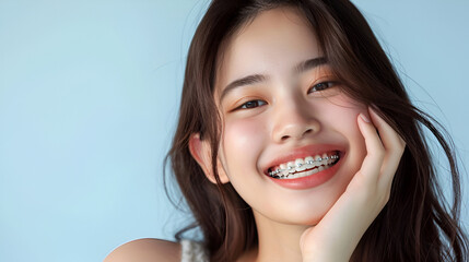 Portrait of a happy smiling young Asian woman with healthy white teeth with metal braces decorated with rhinestones. Dentistry concept. copy space