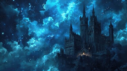 Night sky over a medieval castle, with manga-style clouds adding an element of fantasy to the historical setting generative ai