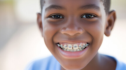 Close-up of a happy smile of a little black boy with healthy white teeth with metal braces on the upper and lower jaw. Pediatric dentistry concept - obrazy, fototapety, plakaty