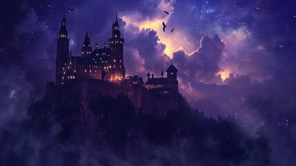 Night sky over a medieval castle, with manga-style clouds adding an element of fantasy to the historical setting generative ai