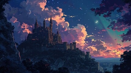 Night sky over a medieval castle, with manga-style clouds adding an element of fantasy to the historical setting generative ai - obrazy, fototapety, plakaty