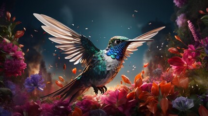 Obraz premium Graceful Hummingbird in Hover: Vibrant Floral Encounter - AI-Generative