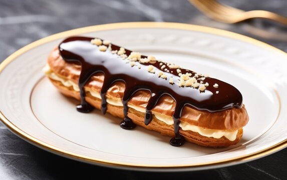 French ecler with chocolate on white plate