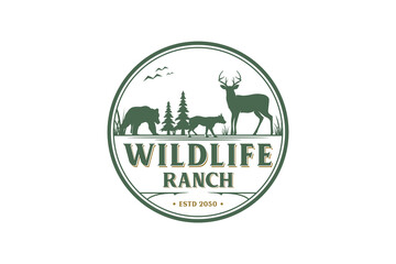 Wildlife hunting outdoor logo design, badgem emblem style with bear dog and deer antler element silhouette. - obrazy, fototapety, plakaty