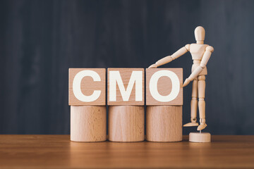 There is wood cube with the word CMO. It is an abbreviation for Chief Marketing Officer as...
